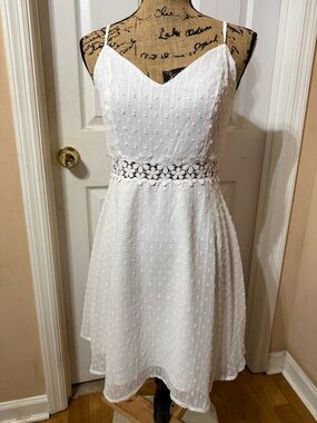 White Spaghetti-Strap Mini Dress with Floral Lace Waist